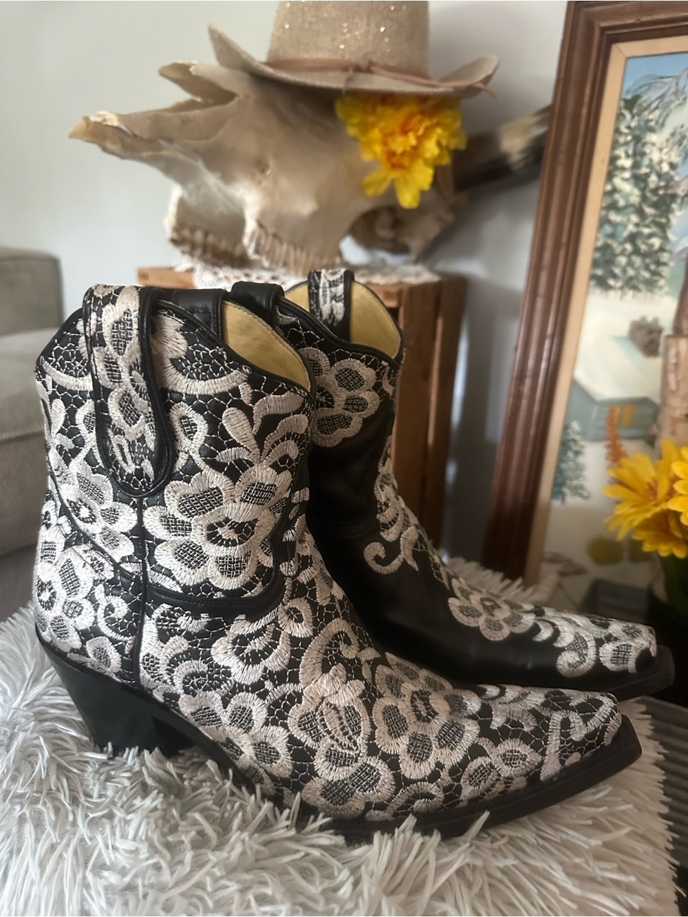Corral Black and White Lace-Overlay Western Ankle Boots
